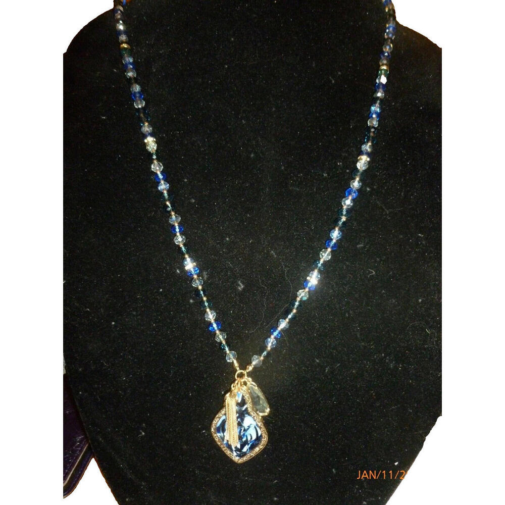 Lonna & Lilly Necklace Gold Tone Blue Art Glass Beaded Pendant 30" Excellent